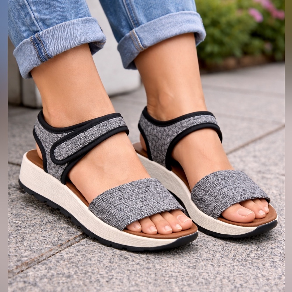 Bernie Mev Platform Sandals Size 37 Gray Woven Comfort Ankle Strap